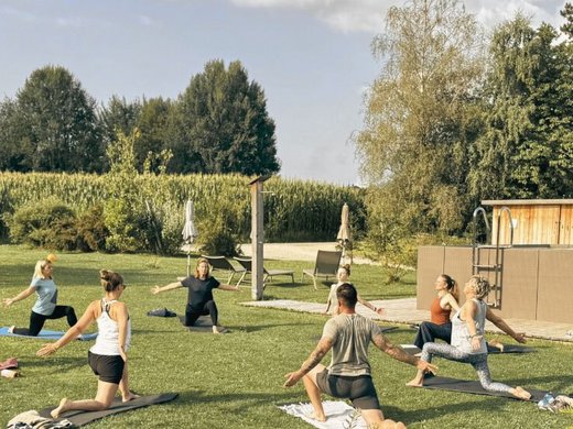 Yoga in vacanza Gruppo che fa yoga allaperto su un prato in una giornata soleggiata