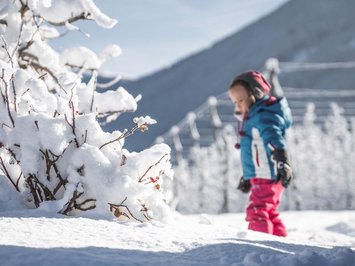 Agriturismo a Bressanone: vacanze invernali Bambino con abbigliamento invernale davanti a cespuglio innevato e montagne