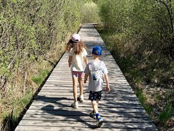 Appartamenti in Alto Adige: fuori dal comune Due bambini camminano su un sentiero di legno tra cespugli fioriti con montagna
