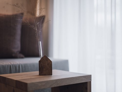 Testnews 2 Minimalist vase on wooden table in front of sofa and curtain