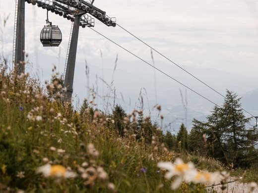 Alloggio a Bressanone: i padroni di casa Funivia sopra una montagna verde con le Alpi sullo sfondo
