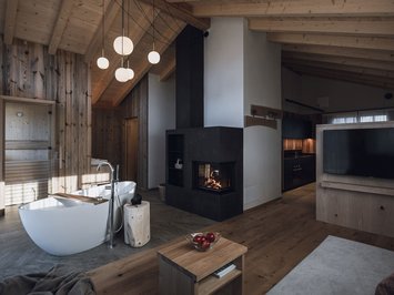 Kessler’s Mountain Lodge: premi Soggiorno moderno con soffitto in legno, camino, vasca da bagno e TV