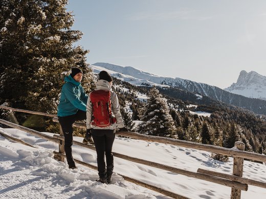 Chalet mit Sauna und noch mehr: Kessler’s Zwei Wanderer genießen sonnige Winterlandschaft mit schneebedeckten Bergen und Wäldern