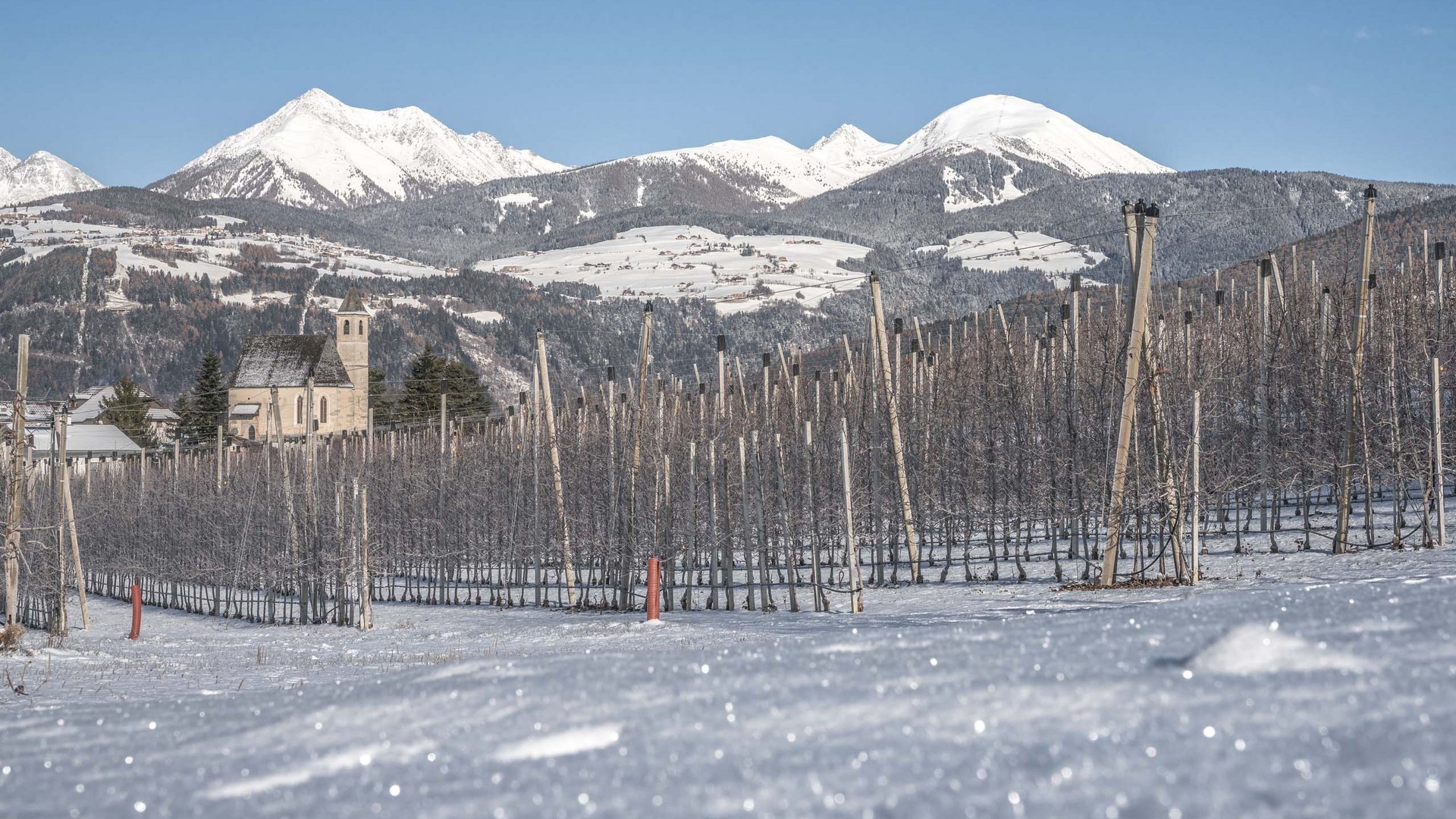 Agriturismo a Bressanone: vacanze invernali Vigneti innevati con chiesa e montagne sullo sfondo